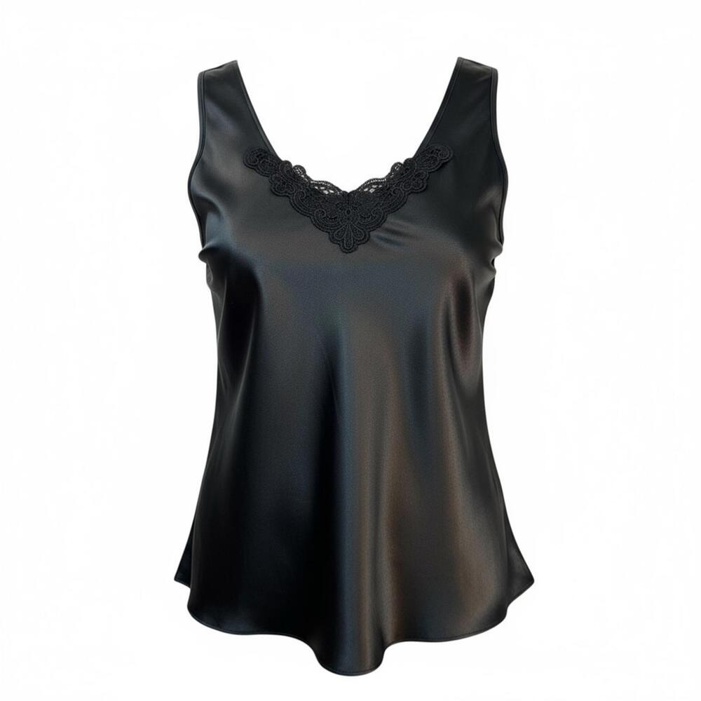 Vintage Escapades Black Satin Lace Trim Women's Tank‎ Top Sexy Camisole Large